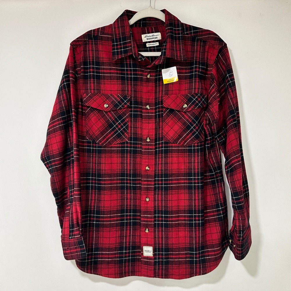 Eddie Bauer Workwear Foreman Fit Flannel Shirt Mens M Red Black Plaid Stretch